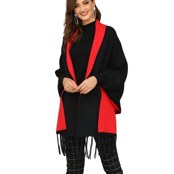 Black and Red Reversible Shawl Sweater Cape Open Poncho Fringe Tassels OS 4-14 - Picture 2 of 14
